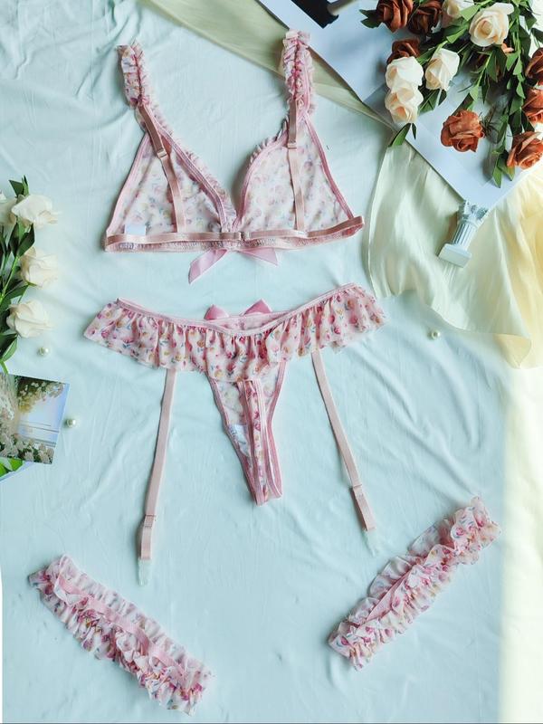 Women's Ditsy Floral Print Lingerie Set, Sexy Bow Decor Bra & Thong & Garter Belt & Leg Bands Set, Women's Lingerie & Underwear for All Seasons